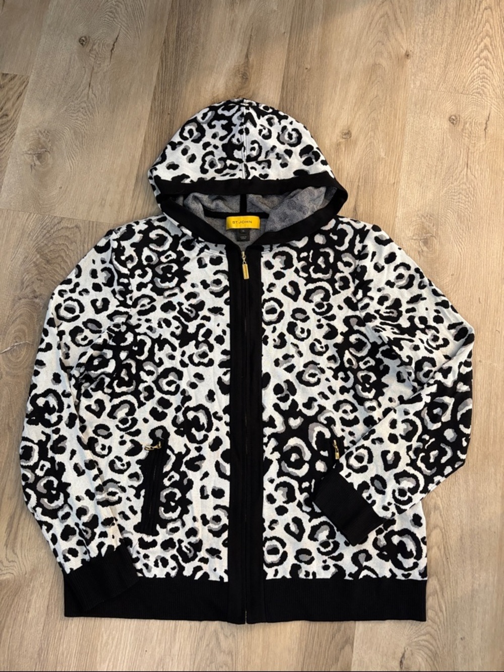St. John Gold Label Signature Santana Knit Leopard Zip Hoodie - XL black white